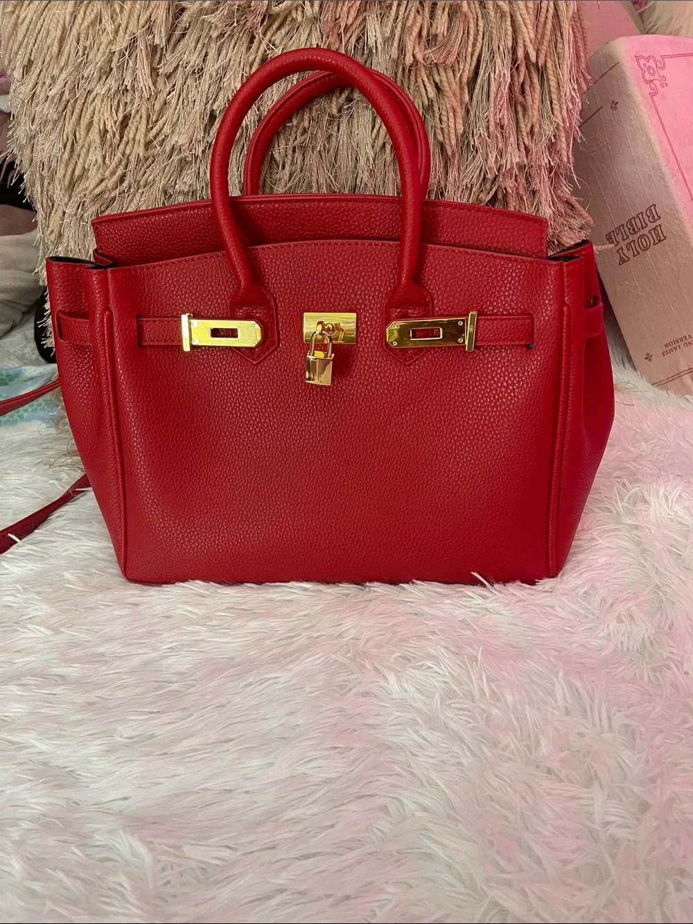 Red Women's Structured Satchel Handbag with Gold Hardware